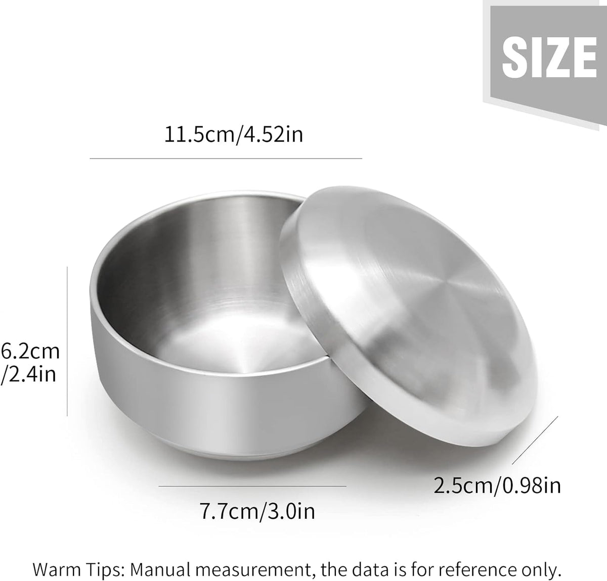 Stainless Steel Rice Bowl with Lid, Set of 2, for Korean Kitchen Restaurant, Double-walled Metal Bowls, Multi-Purpose Insulated Soup Bowls Snacks Bowls (11.5cm Silver)