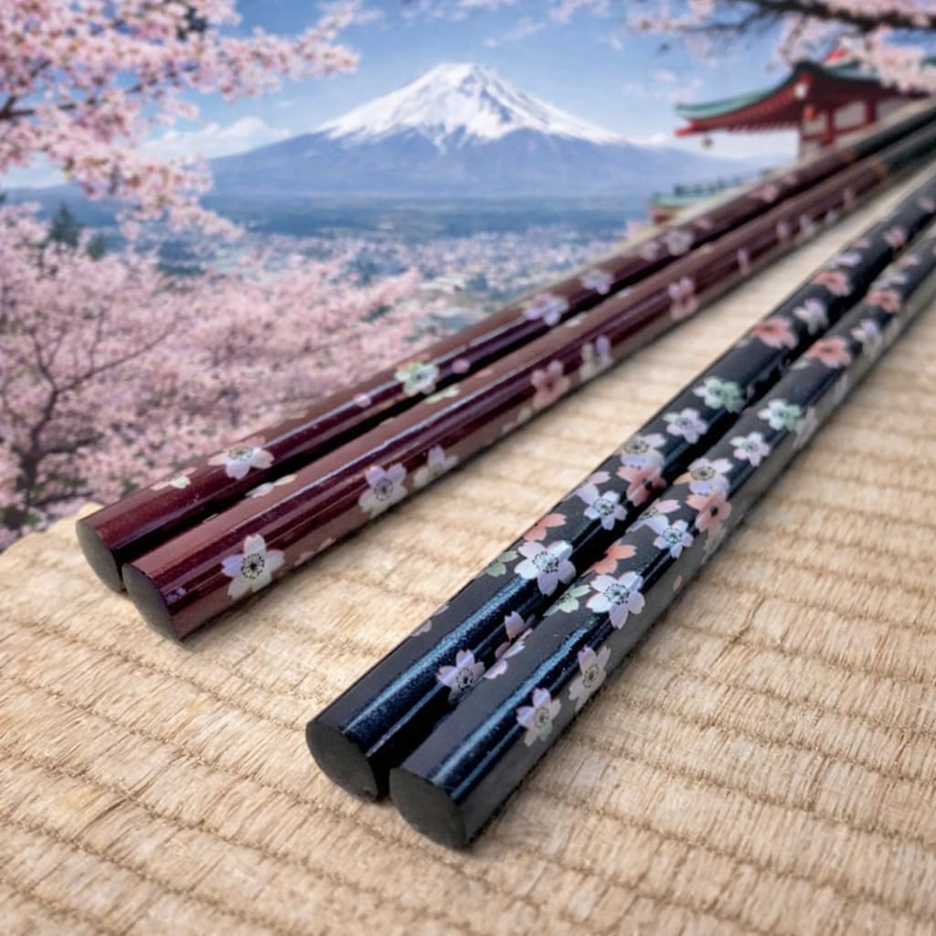 Premium Japanese Chopsticks Reusable 2pcs set [ Made in Japan ] Traditional Lacquer Art Wooden Chopsticks (Flower Navy/Purple(YM204))