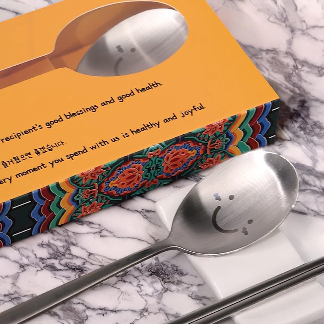 Korean Smile Spoon and Chopsticks Set, Stainless Steel, Hangul Engraved