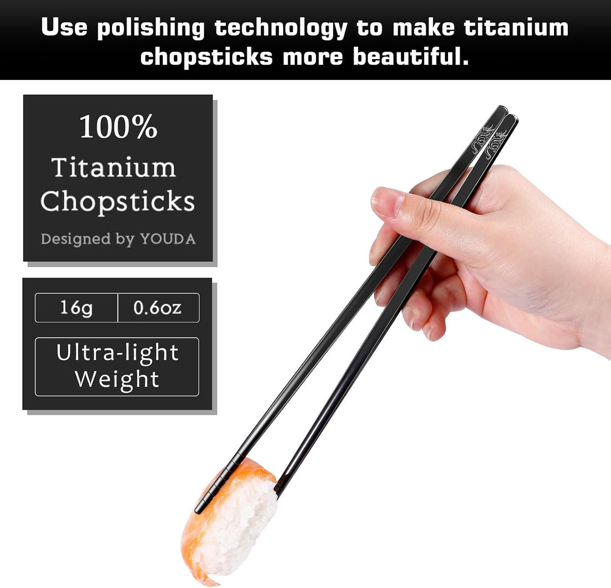 Youda 99.8% Pure TITANIUM Chopsticks 1 Pairs with Black Carrying Case Ultralight and Reusable Chopsticks for Camping, Home, Travel