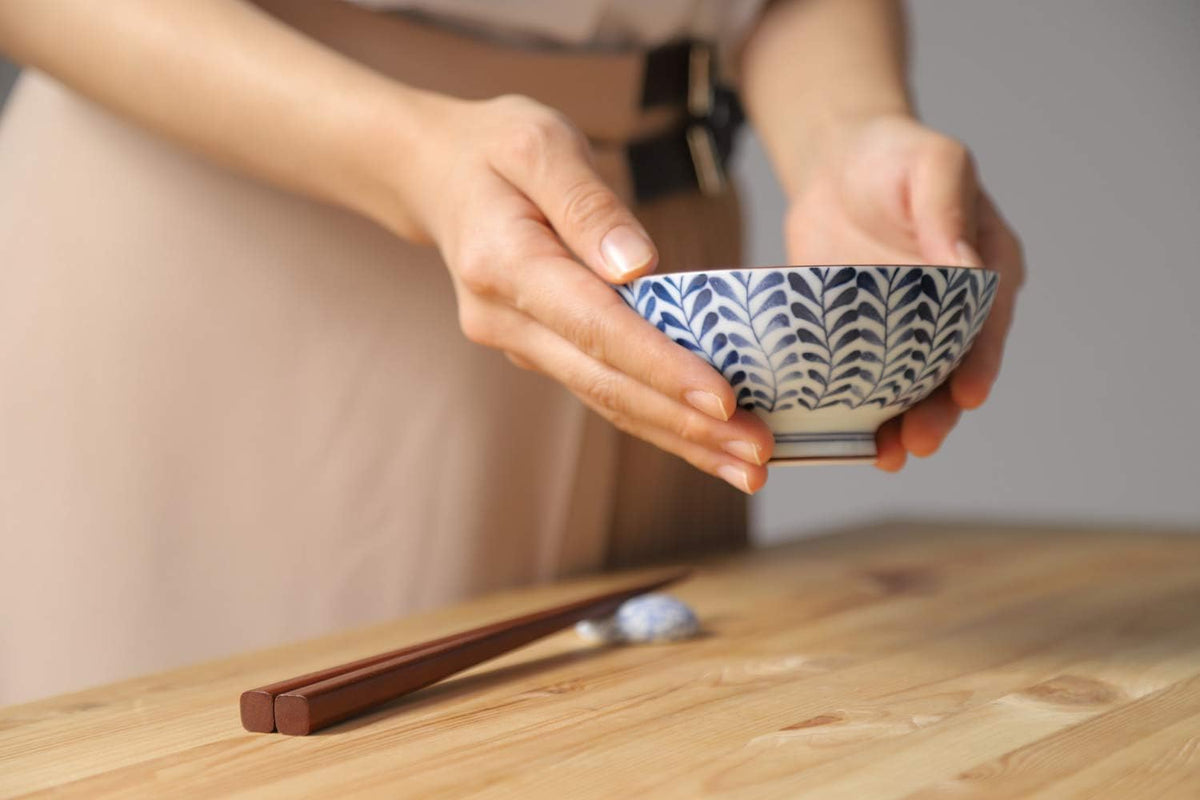 Mino Ware Japanese Pottery Set - Traditional Rice Bowls - Blue and White Asian Bowls - Hand Painted - Premium Ceramic - 5 Piece Soup Bowl Set