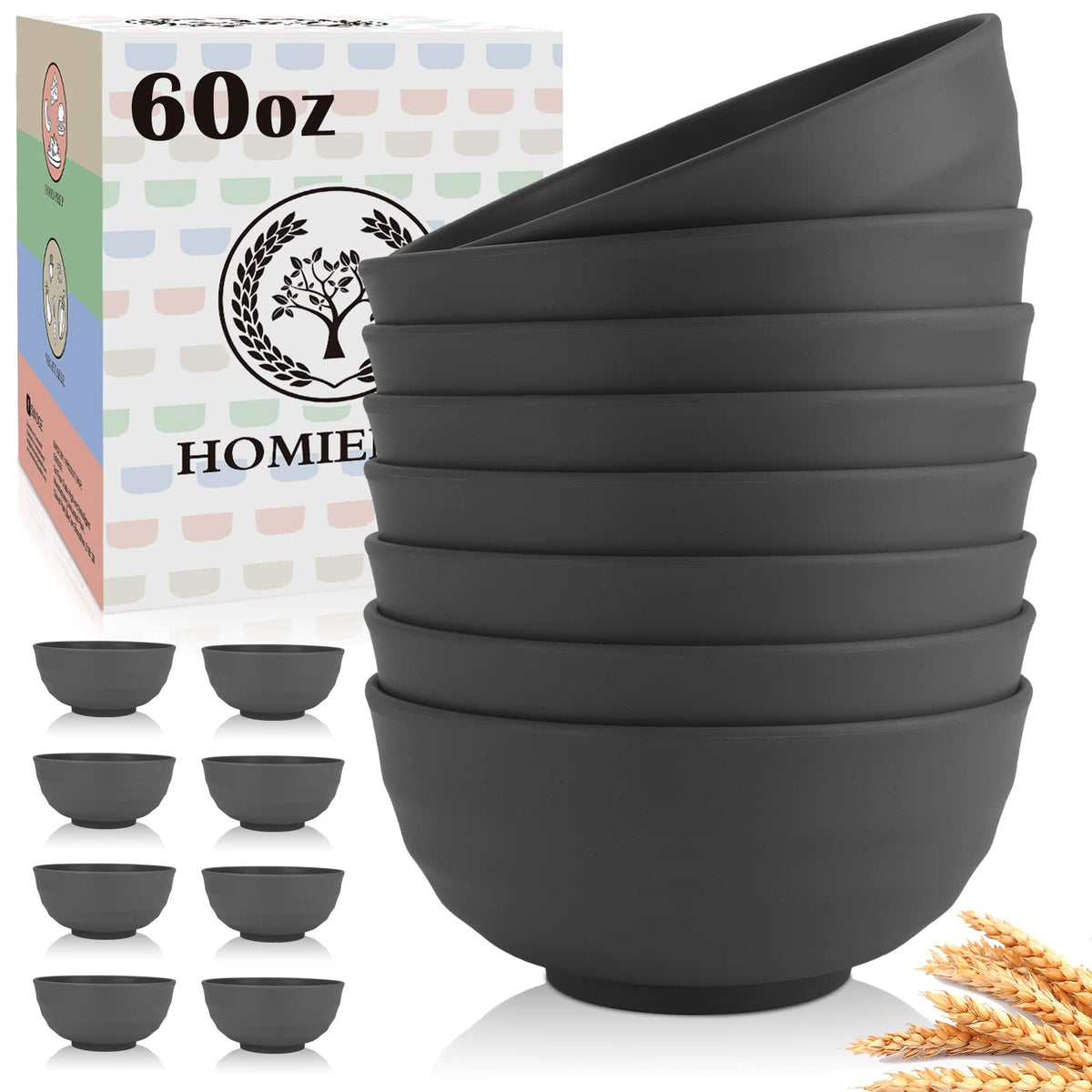 Homienly Wheat Straw Small Bowl Set of 8, Unbreakable Dessert Bowl - 10 OZ, Wheat Straw Mini Bowls for Kitchen, Kids, Microwave and Dishwasher Safe Bowls for Snack, Appetizer, Ice Cream (Black)
