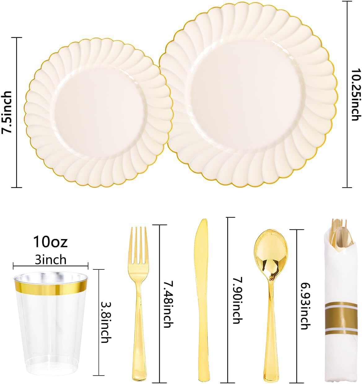 YOUBET 350PCS Ivory Scalloped Plastic Plates for Wedding Party