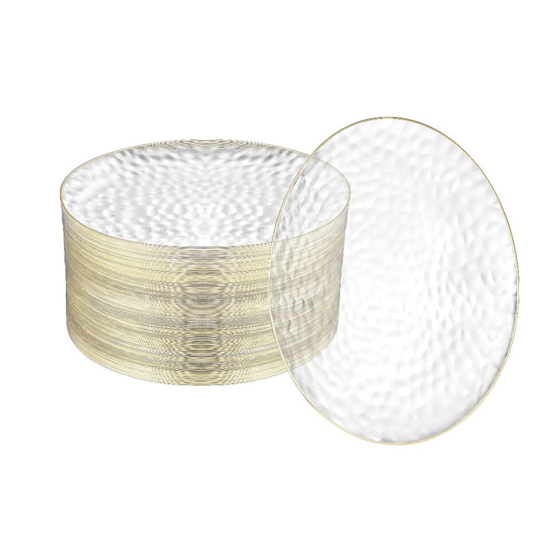 R-kay 100 Pack 7 Inch Clear Plastic Plates - Hammered Gold Rimmed Sturdy, Durable And Extra Heavy duty Gold Plastic Dessert, Appetizer Plates Disposable For All Occasions