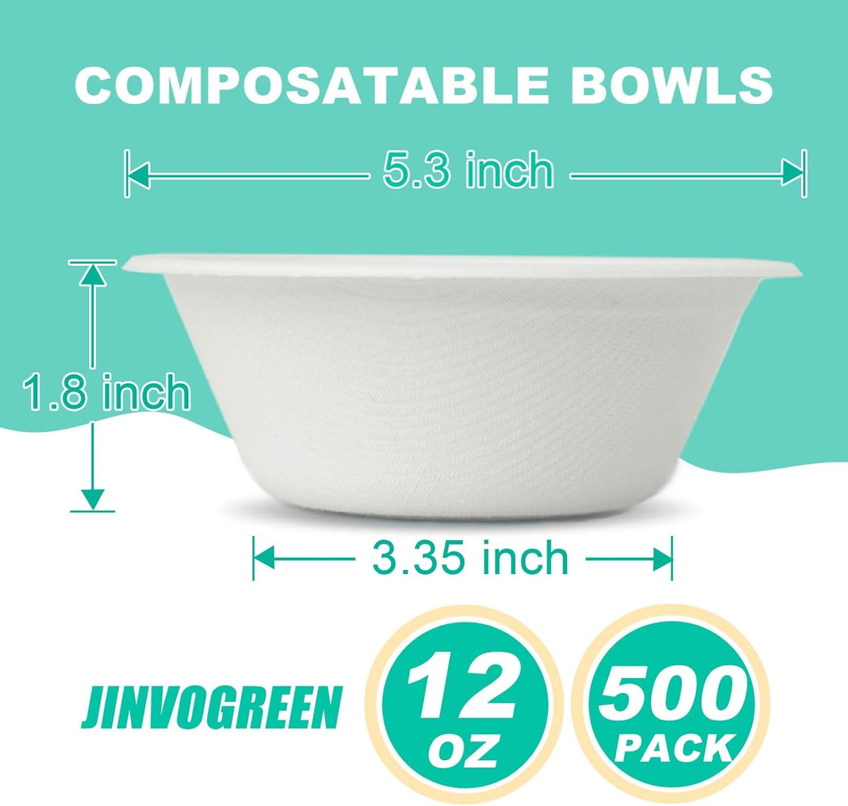 JINVOGREEN Paper Bowls, 500 Count 12 oz Compostable Paper Bowls Bulk, White