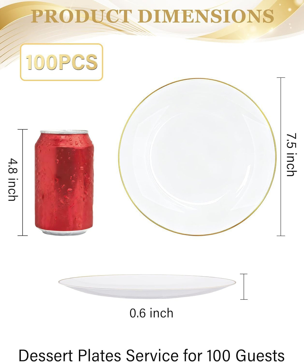 Nervure 100PCS White with Gold Rim Plastic Plates, 7.5″ Disposable Plates