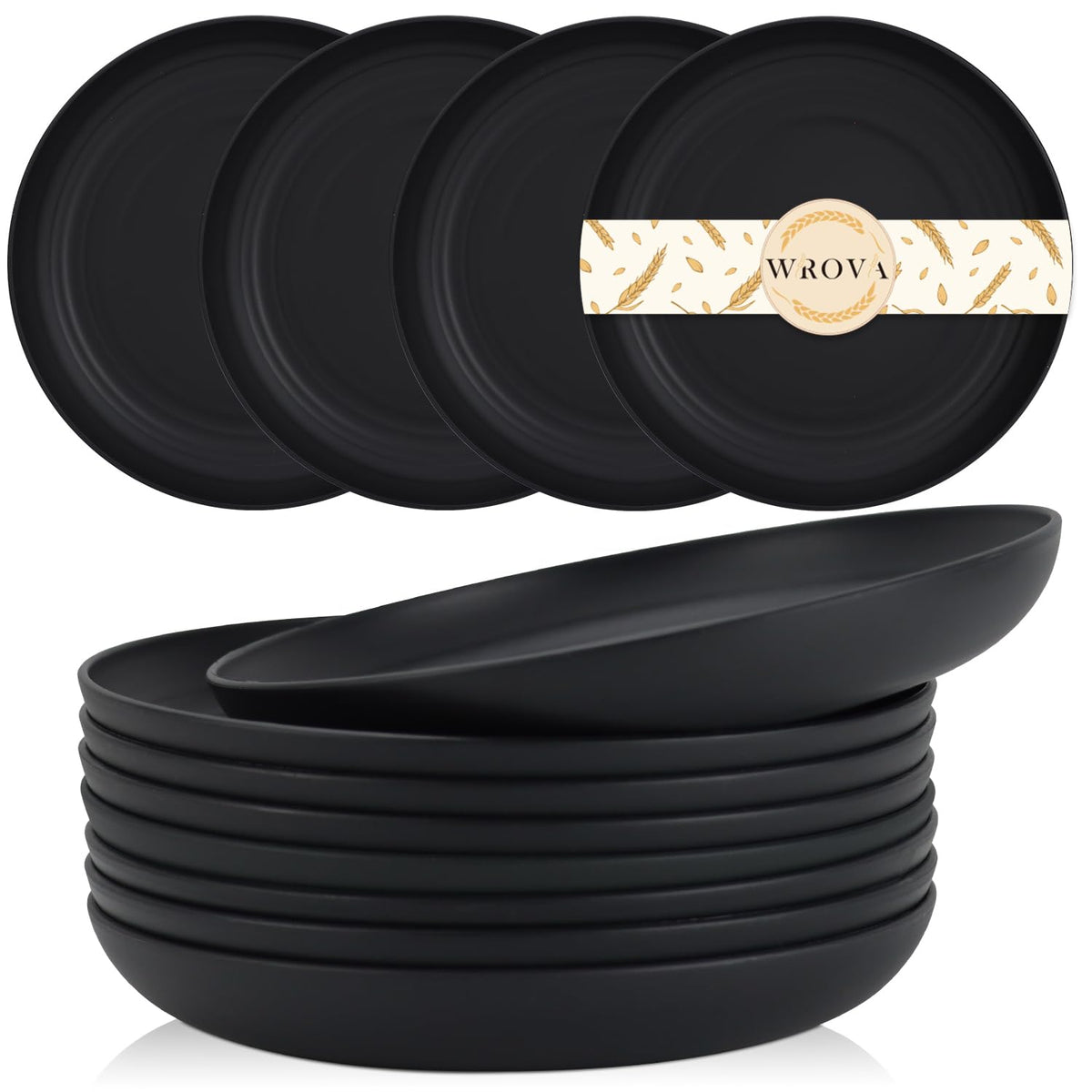 Wrova Large Wheat Straw Dinner Plates - 11 Inch Unbreakable Set of 8 - Dishwasher & Microwave Safe, Deep Edge for Kitchen and Camping (Black)
