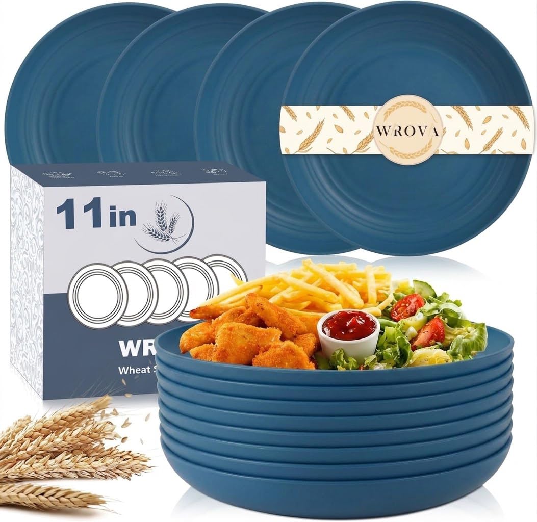 Wrova Large Wheat Straw Dinner Plates - 11 Inch Unbreakable Set of 8 - Dishwasher & Microwave Safe, Deep Edge for Kitchen and Camping (Black)