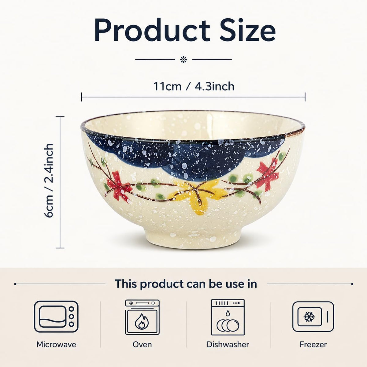 clothmile 4.5 Inch Japanese Retro Rice Bowls Set of 6 Japanese Style Hand-Painted Floral Plum Ceramic Bowls for Cereal, Soup, Dessert, Snack, Fruit, Salsa for Xmas Holiday Present