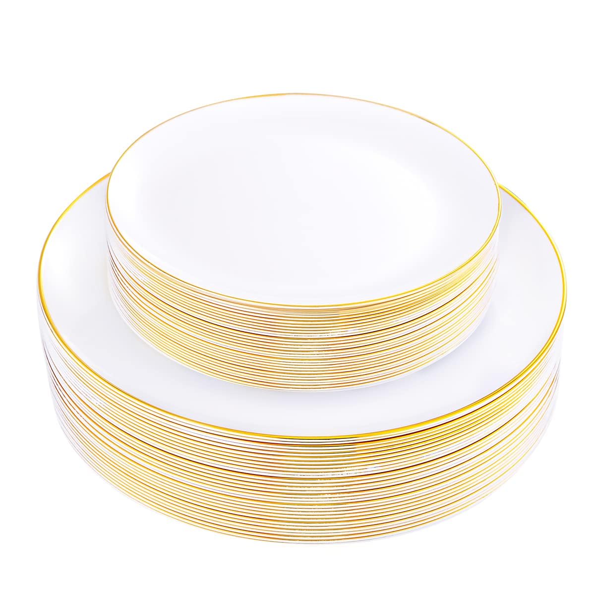KIRE 100PCS White Plates with Gold Trim - Plastic Disposable Plates - Includes 50Pieces 10.25inch Dinner and 50Pieces 7.5inch Dessert/Salad Plastic Plate for Wedding Receptions/Party/Thanksgiving