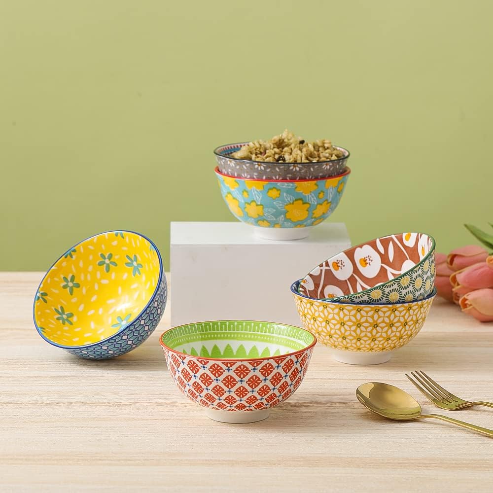 Ceramic Bowl Set Small Bowls - 6 Little Porcelain Dessert Bowls Set - 10 oz for Rice | Soup | Snack | Side Dishes | Yogurt | Ice Cream - Coloful Cute Dish Set - Microwave | Dishwasher Safe - 4.75 Inch