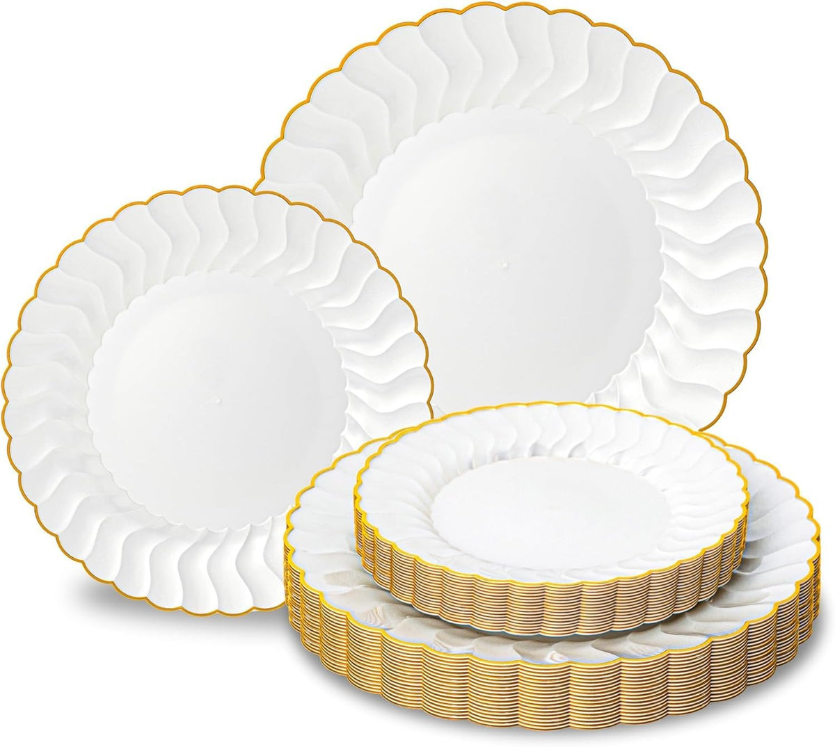 Lullaby 60PCS Ivory Scalloped Plastic Plate with Gold Rim for Party Wedding