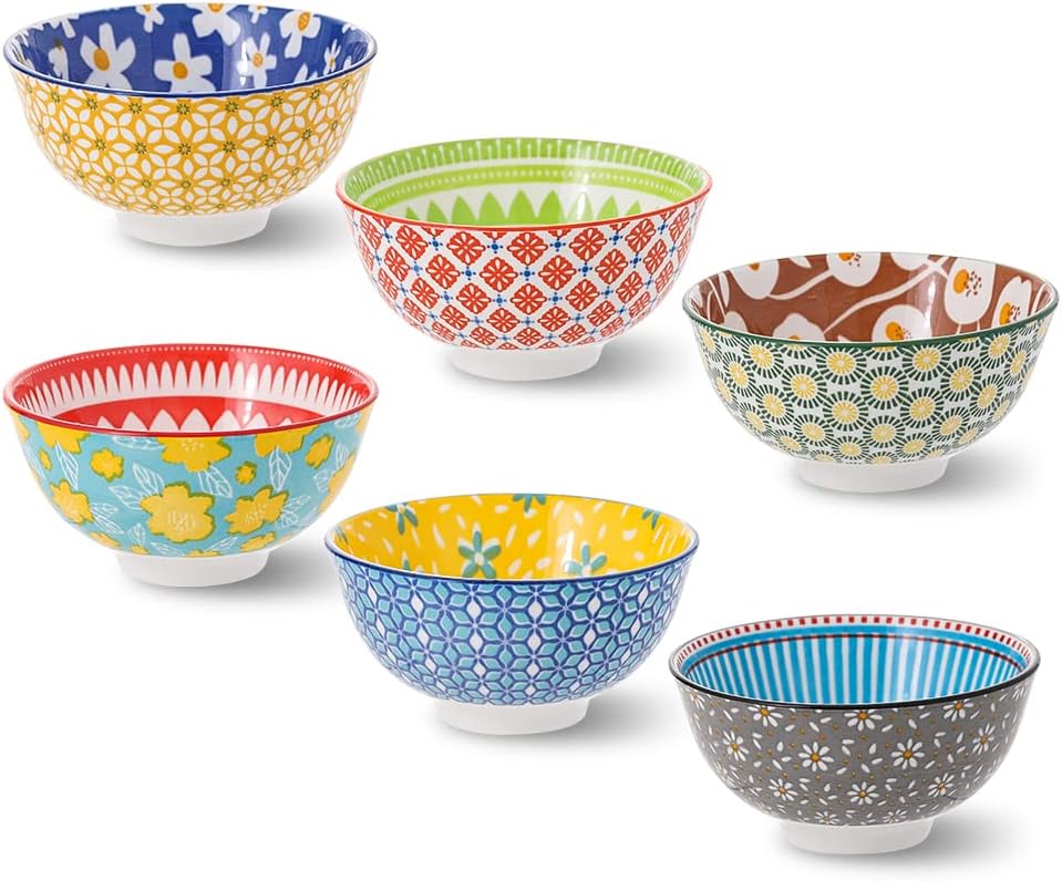 Ceramic Bowl Set Small Bowls - 6 Little Porcelain Dessert Bowls Set - 10 oz for Rice | Soup | Snack | Side Dishes | Yogurt | Ice Cream - Coloful Cute Dish Set - Microwave | Dishwasher Safe - 4.75 Inch