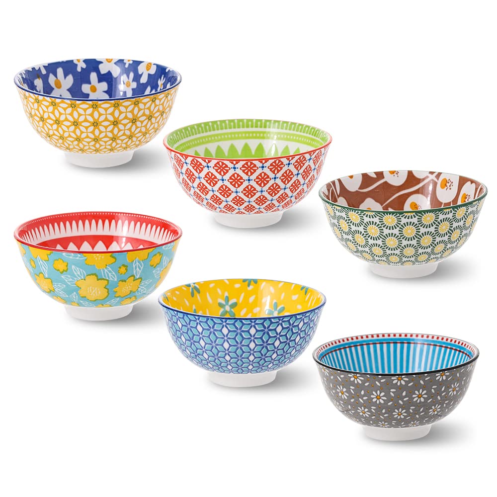 Ceramic Bowl Set Small Bowls - 6 Little Porcelain Dessert Bowls Set - 10 oz for Rice | Soup | Snack | Side Dishes | Yogurt | Ice Cream - Coloful Cute Dish Set - Microwave | Dishwasher Safe - 4.75 Inch