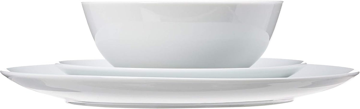 Amazon Basics 18-Piece Complete Kitchen Dinnerware Set, Microwave and Dishwasher Safe, Plates, Dishes, Bowls for Everyday Use, Service for 6, White Porcelain Coupe