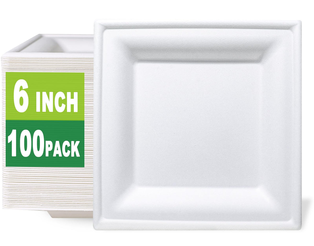 GreenWorks 100 Count 6 Inch Small Square Compostable plates, Heavy Duty Bagasse and Bamboo Fiber Plates