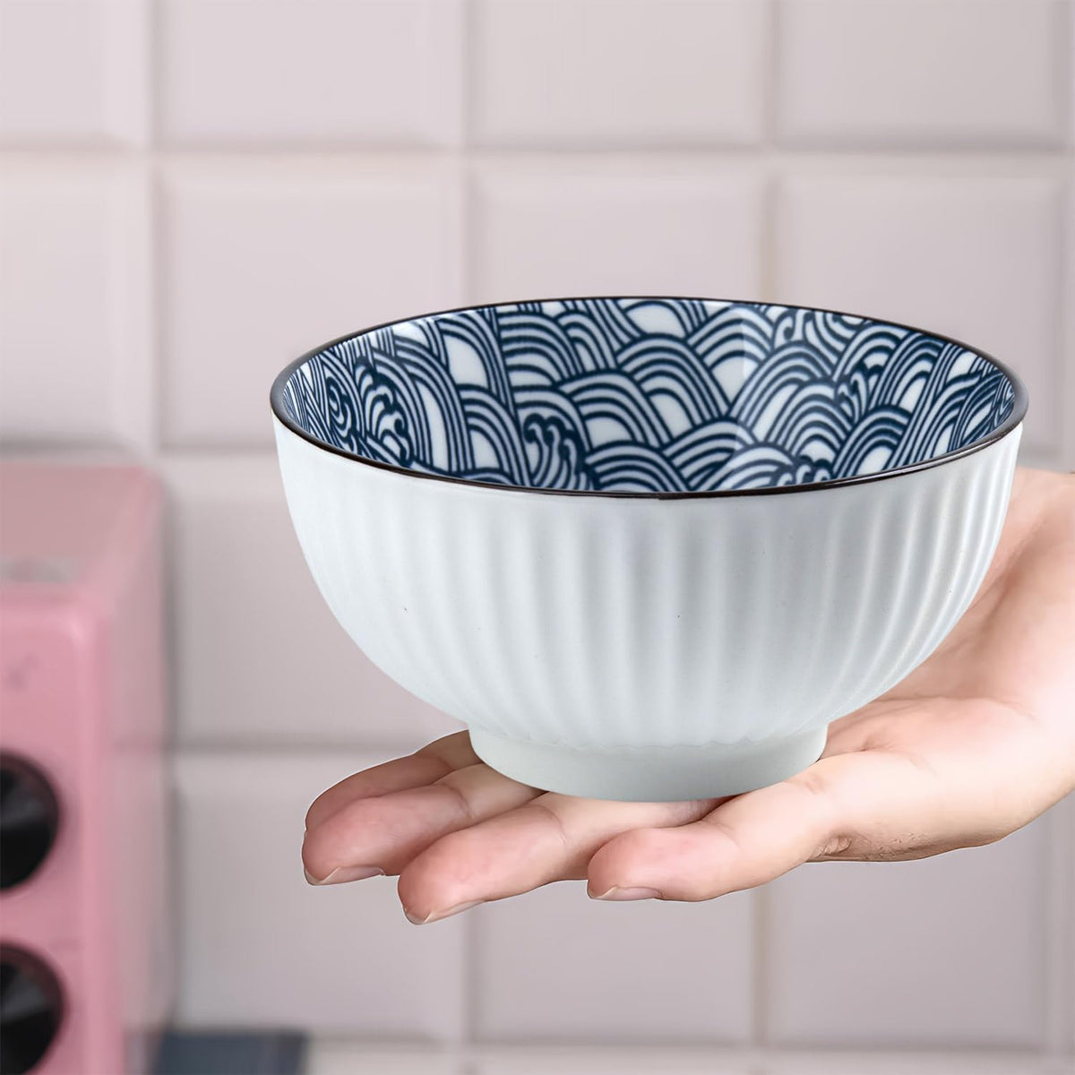 10 oz Small Ceramic Bowls Set of 6, 4.5 Inch Japanese Blue and White Bowls for Ice Cream, Rice, Dessert, Snack, Dipping, Microwave and Dishwasher Safe - Mixing Pattern