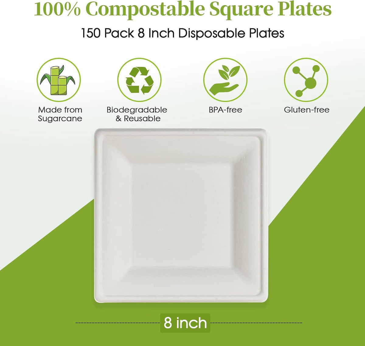 ECOLipak 150 Piecs Compostable Square Paper Plates, 8 inch, White