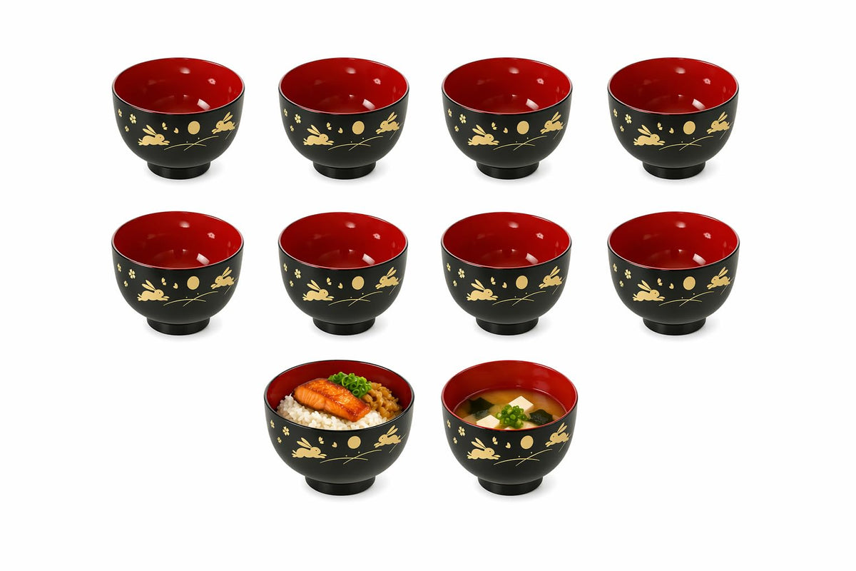 JapanBargain 2989 Japanese Plastic Soup Bowls, Bunny and Moon Pattern, 4.25-Inch Rice & Cereal Bowls, Lacquer Finish, Made in Japan, 4 Pack