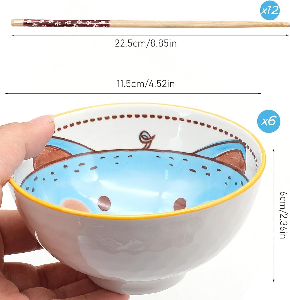 6 PCS Ceramic Rice Bowls, Cute Cartoon Small Dessert Bowl, Cereal Bowls Serving Bowl Gift Set, for Oatmeal, Ice Cream, Salads, Soups