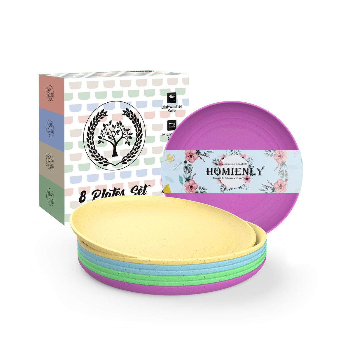 Homienly Deep Dinner Plates Set of 8 Alternative for Plastic Plates Microwave and Dishwasher Safe Wheat Straw Plates for Kitchen Unbreakable Kids Plate Set with 4 Colors (Classic Bright, 9 inch)