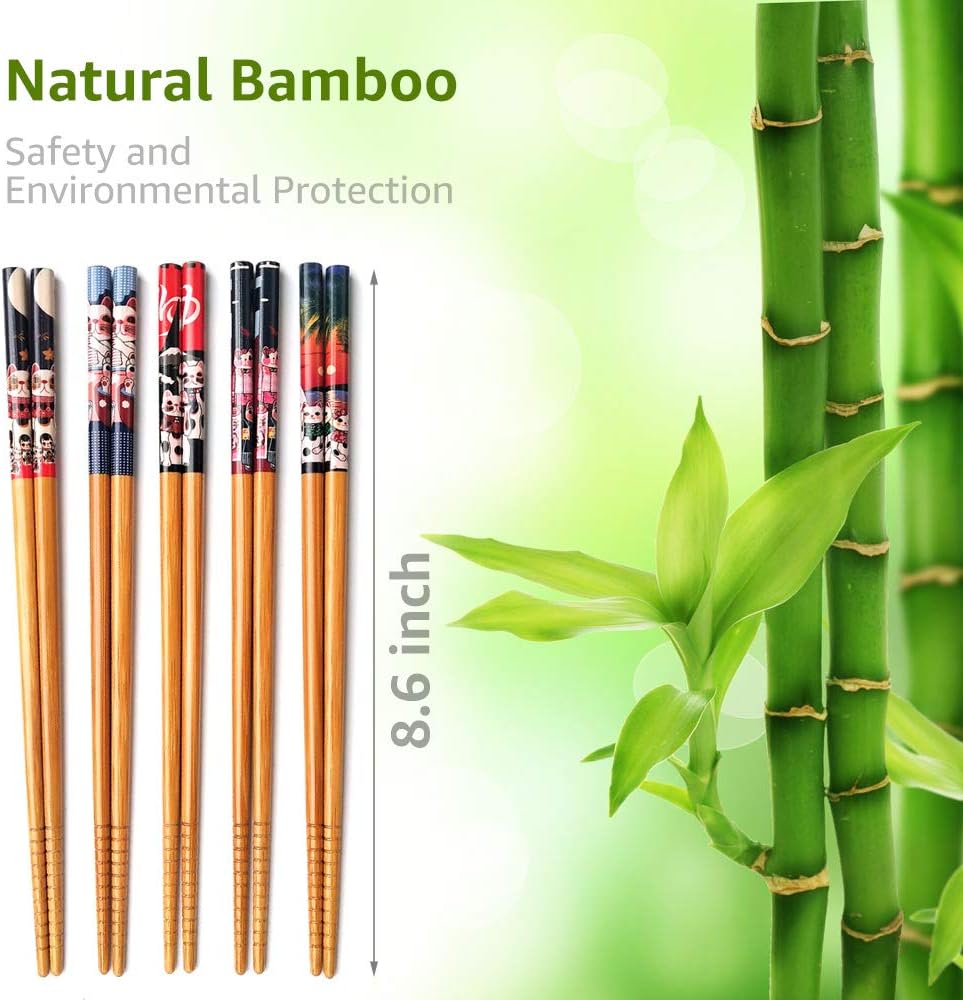 5-Pair Bamboo Chopsticks Set with Ceramic Cat Rest, Japanese-Style Gift Set