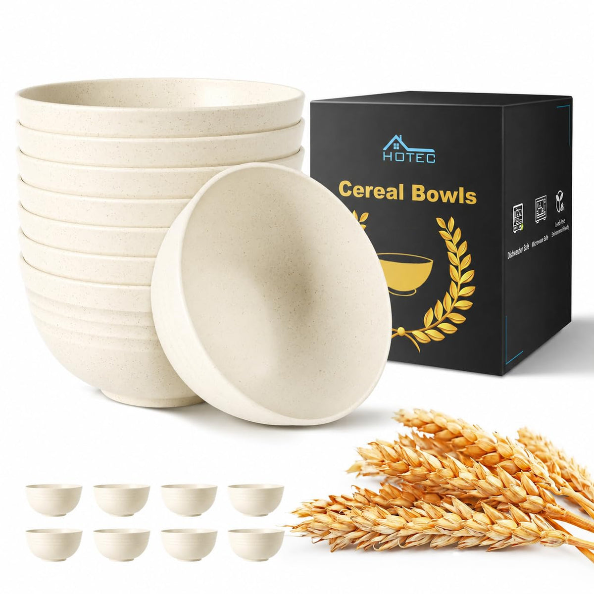 HOTEC 8-Pack 26oz Wheat Straw Cereal Plastic Bowls set, Multicolor