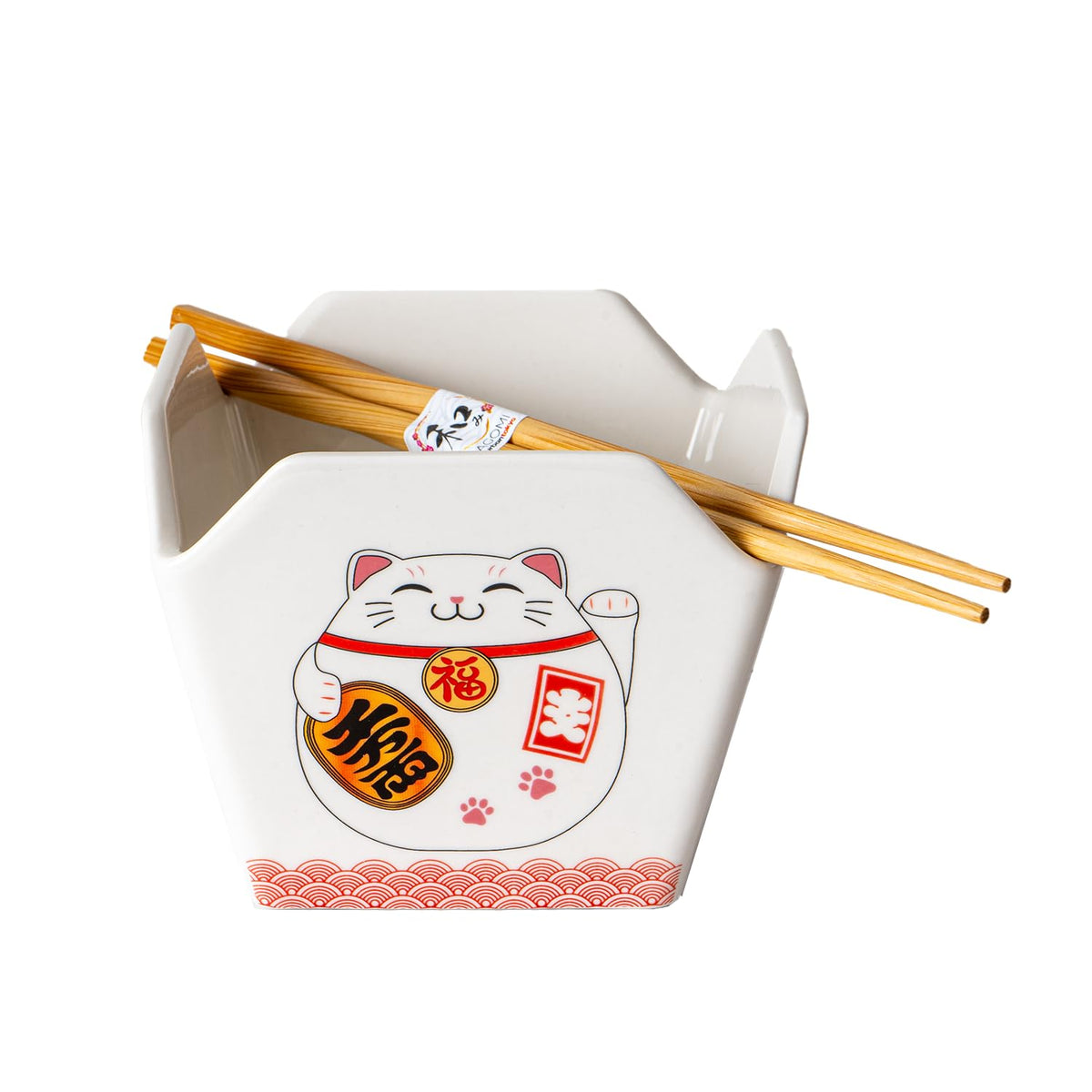 Urban Tokyo Chinese Takeout Box Style Porcelain Bowl With Chopsticks 18 fl oz Square Shape Rice Noodles Pasta To Go Box Shaped Bowl Microwave Dishwasher Safe (Classic Pagoda)