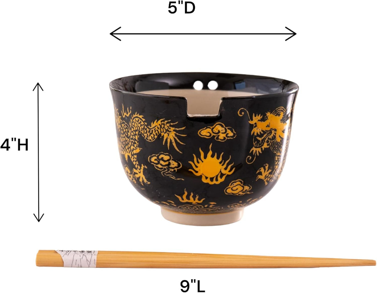 Urban Tokyo Handpainted Ceramic Glazed Japanese Ramen Udon Noodle Rice Bowl With Chopsticks 20 fl oz 5 inch Diameter Bowl Sets Color Box Packaging (Oriental Dragon Black)