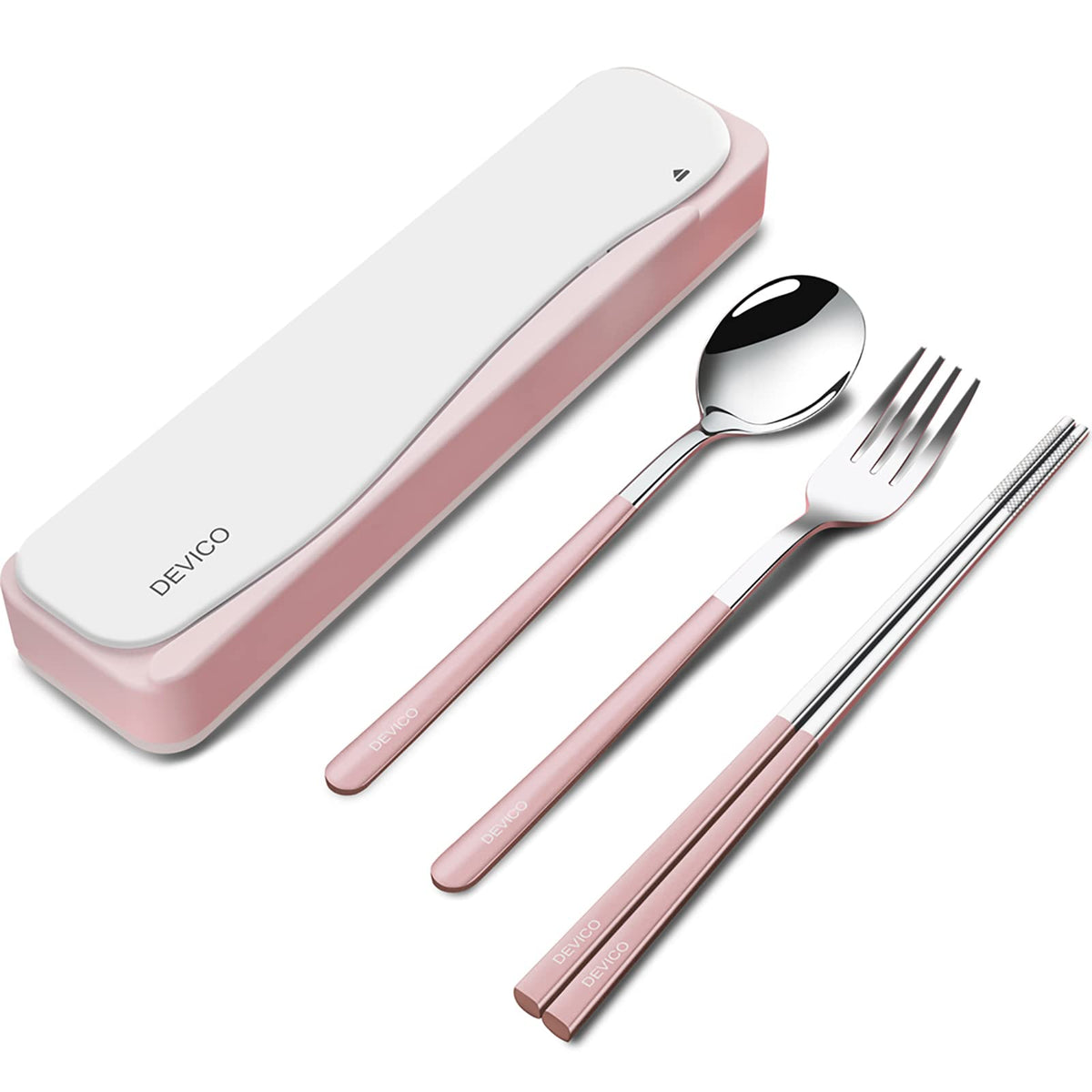 DEVICO Travel Utensils with Case, 4Pcs Portable Silverware Set for Work, 18/8 Stainless Steel Reusable Cutlery, Korean Spoon and Chopsticks Fork for Camping, School, Lunch Box Accessories (Black)