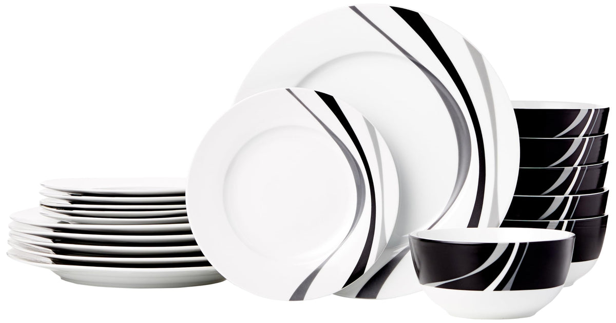 Amazon Basics 18-Piece Complete Kitchen Dinnerware Set, Microwave and Dishwasher Safe, Plates, Dishes, Bowls for Everyday Use, Service for 6, White Porcelain Coupe