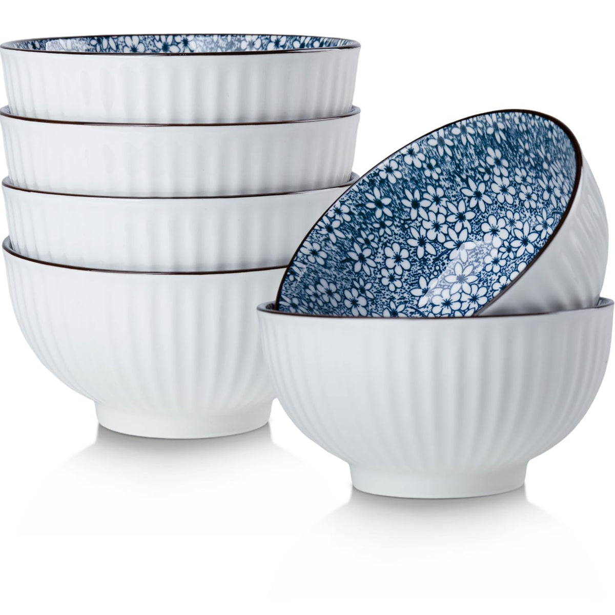 10 oz Small Ceramic Bowls Set of 6, 4.5 Inch Japanese Blue and White Bowls for Ice Cream, Rice, Dessert, Snack, Dipping, Microwave and Dishwasher Safe - Mixing Pattern