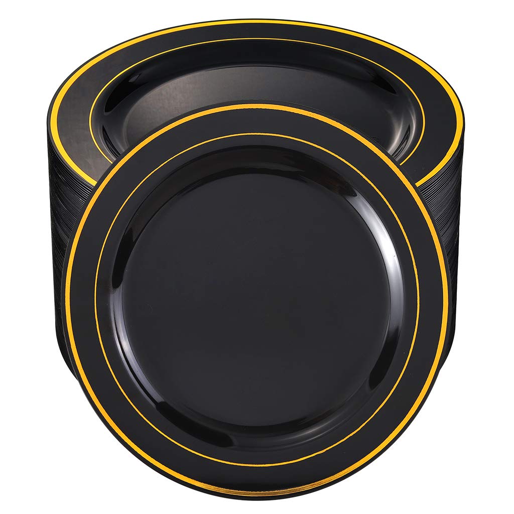 bUCLA 100 Pieces Black and Gold Plastic Dinner Plates - 10.25 inch Black Disposable Plates with Gold Rim - Ideal for Party, Graduation & New Year