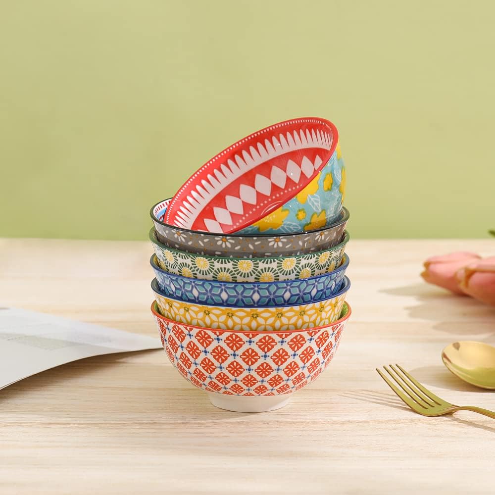Ceramic Bowl Set Small Bowls - 6 Little Porcelain Dessert Bowls Set - 10 oz for Rice | Soup | Snack | Side Dishes | Yogurt | Ice Cream - Coloful Cute Dish Set - Microwave | Dishwasher Safe - 4.75 Inch