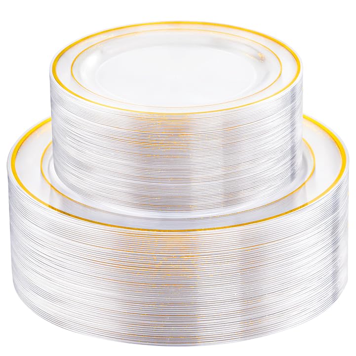 FLOWERCAT 200PCS Clear Plastic Plates Disposable Plates for Party - Clear Bulk Plastic Plates - 100 10" Dinner Plates and 100 7" Salad Plates for Weddings, New Year,Christmas Parties and Events