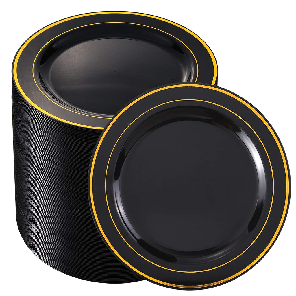 bUCLA 100 Pieces Black and Gold Plastic Dinner Plates - 10.25 inch Black Disposable Plates with Gold Rim - Ideal for Party, Graduation & New Year