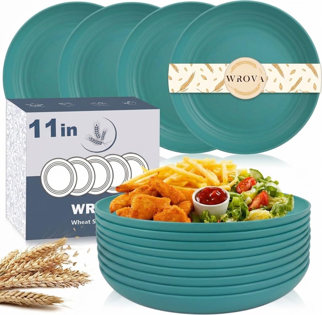 Wrova Large Wheat Straw Dinner Plates - 11 Inch Unbreakable Set of 8 - Dishwasher & Microwave Safe, Deep Edge for Kitchen and Camping (Black)