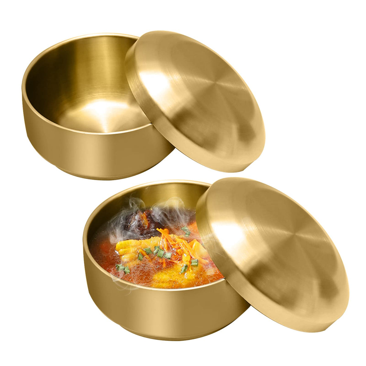 Stainless Steel Rice Bowl with Lid, Set of 2, for Korean Kitchen Restaurant, Double-walled Metal Bowls, Multi-Purpose Insulated Soup Bowls Snacks Bowls (11.5cm Silver)