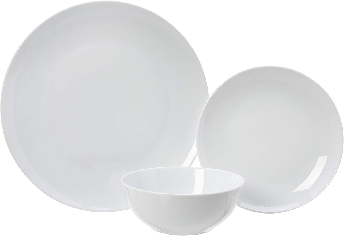 Amazon Basics 18-Piece Complete Kitchen Dinnerware Set, Microwave and Dishwasher Safe, Plates, Dishes, Bowls for Everyday Use, Service for 6, White Porcelain Coupe