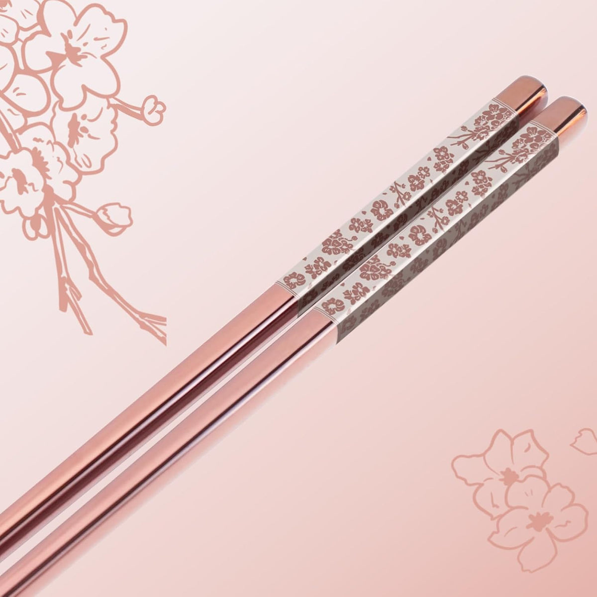 Chopsticks Reusable 18/8 Stainless Steel Chopsticks Pink Sakura Laser Engraved Metal Chop sticks Non-Slip Dishwasher Safe Japanese Korean Chopstick for Cooking Eating 5 Pairs Premium Gift Set
