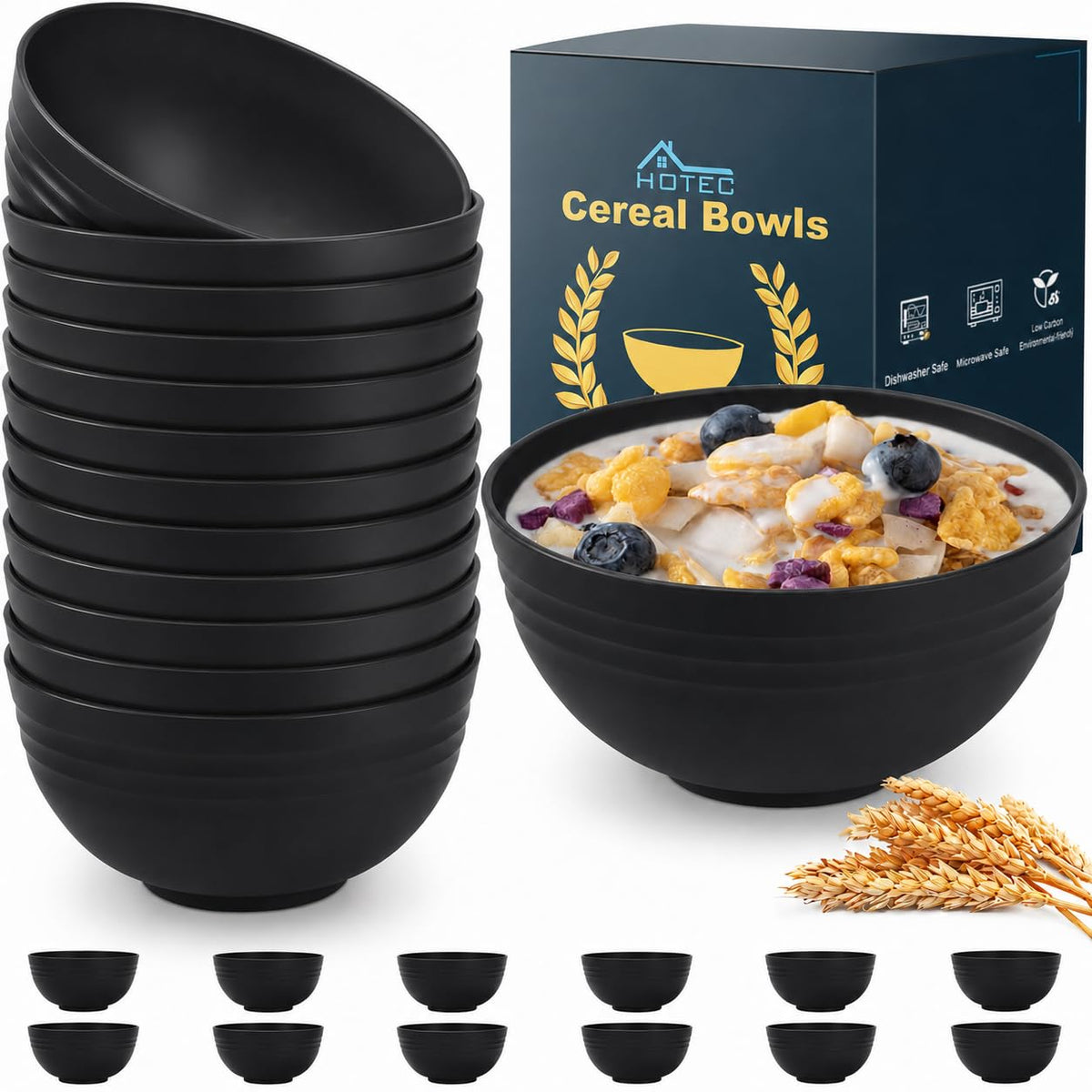 HOTEC 8-Pack 26oz Wheat Straw Cereal Plastic Bowls set, Multicolor