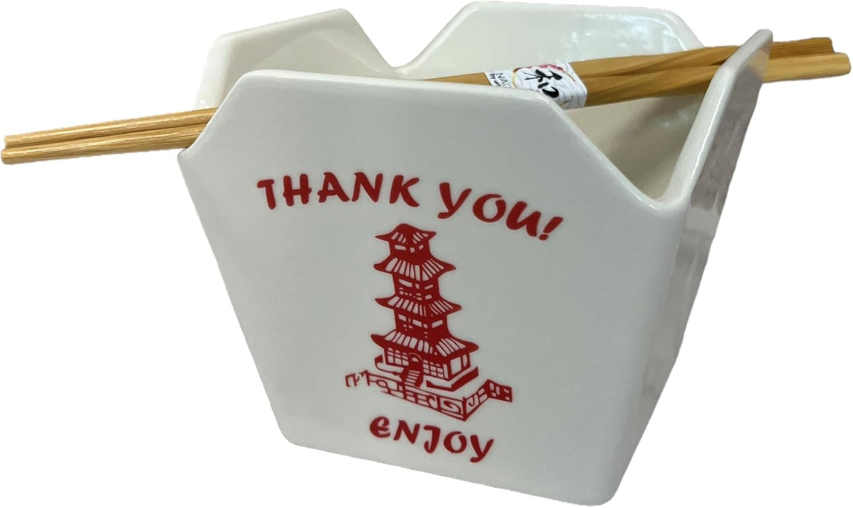 Urban Tokyo Chinese Takeout Box Style Porcelain Bowl With Chopsticks 18 fl oz Square Shape Rice Noodles Pasta To Go Box Shaped Bowl Microwave Dishwasher Safe (Classic Pagoda)
