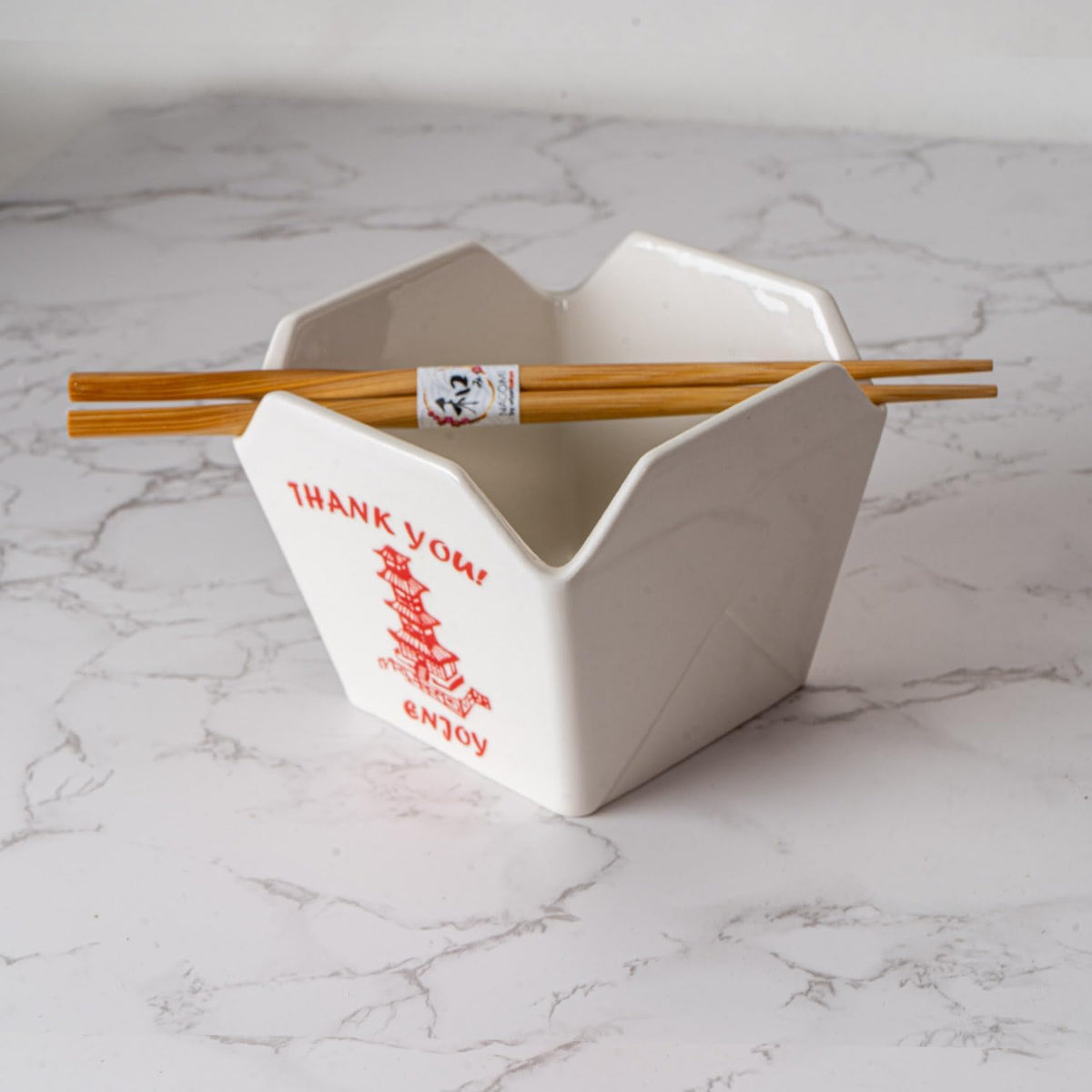 Urban Tokyo Chinese Takeout Box Style Porcelain Bowl With Chopsticks 18 fl oz Square Shape Rice Noodles Pasta To Go Box Shaped Bowl Microwave Dishwasher Safe (Classic Pagoda)