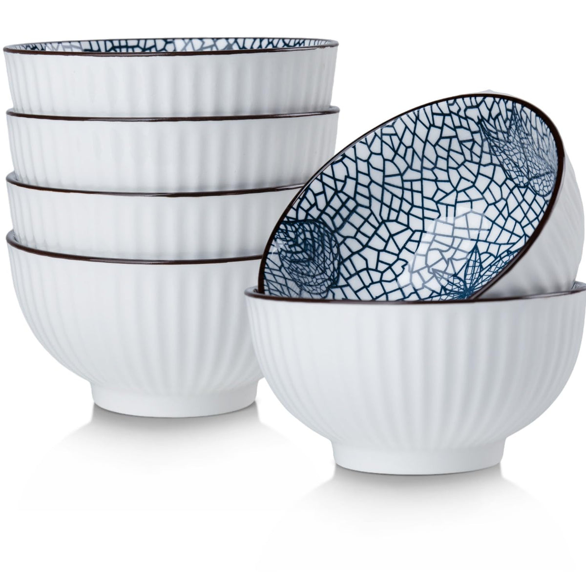 10 oz Small Ceramic Bowls Set of 6, 4.5 Inch Japanese Blue and White Bowls for Ice Cream, Rice, Dessert, Snack, Dipping, Microwave and Dishwasher Safe - Mixing Pattern