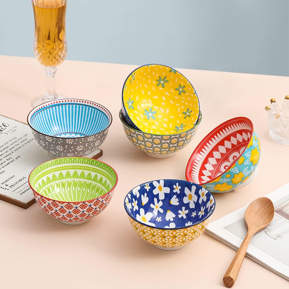 Ceramic Bowl Set Small Bowls - 6 Little Porcelain Dessert Bowls Set - 10 oz for Rice | Soup | Snack | Side Dishes | Yogurt | Ice Cream - Coloful Cute Dish Set - Microwave | Dishwasher Safe - 4.75 Inch