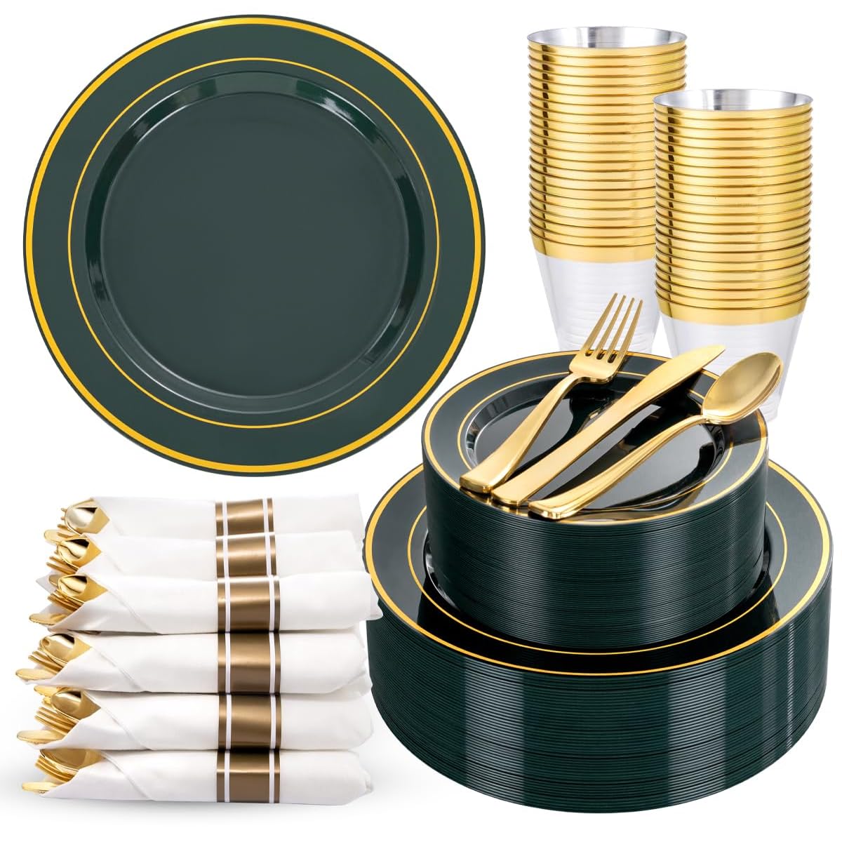 WDF Partyware 350Piece Gold Dinnerware Set for 50 Guests - Gold Plastic Plates with Disposable Cutlery - 50Dinner Plates-50Dessert Plates-50Pre Rolled Napkins with Silverware for Wedding/Birthday