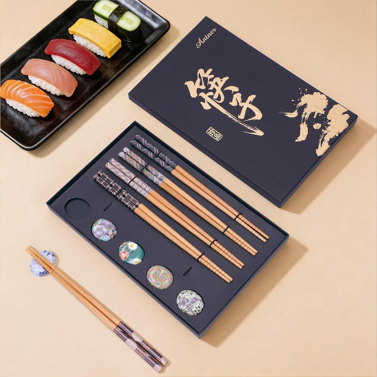 Antner 5 Pairs Reusable Bamboo Chopsticks with Ceramic Rests, 8.8 Inch Japanese Style Chop Sticks with Chopstick Holders for Sushi Ramen Asian Cuisine, Elegant Black Gift Box for Home or Gift Giving