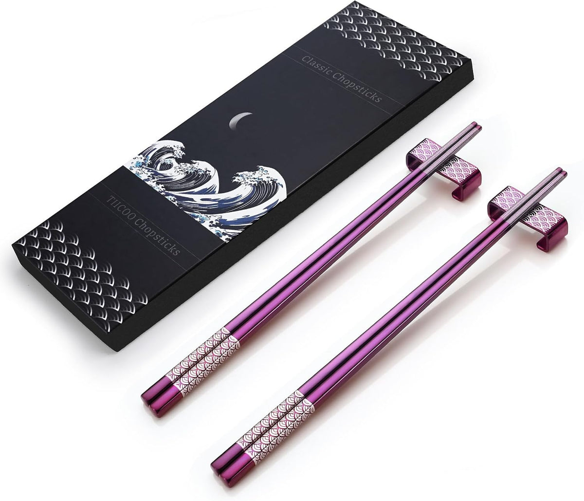 Metal Chopsticks Reusable 2 Pairs Titanium Stainless Steel 18/8 Chopsticks with Holder, Dishwasher Safe Lightweight Japanese Style Chopsticks Gift Set (Purple)