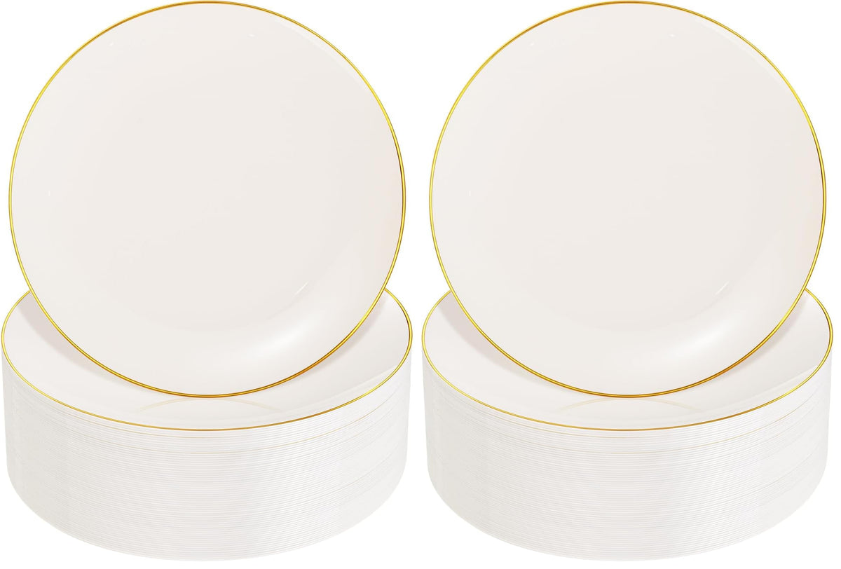 Nervure 100PCS White with Gold Rim Plastic Plates, 7.5″ Disposable Plates