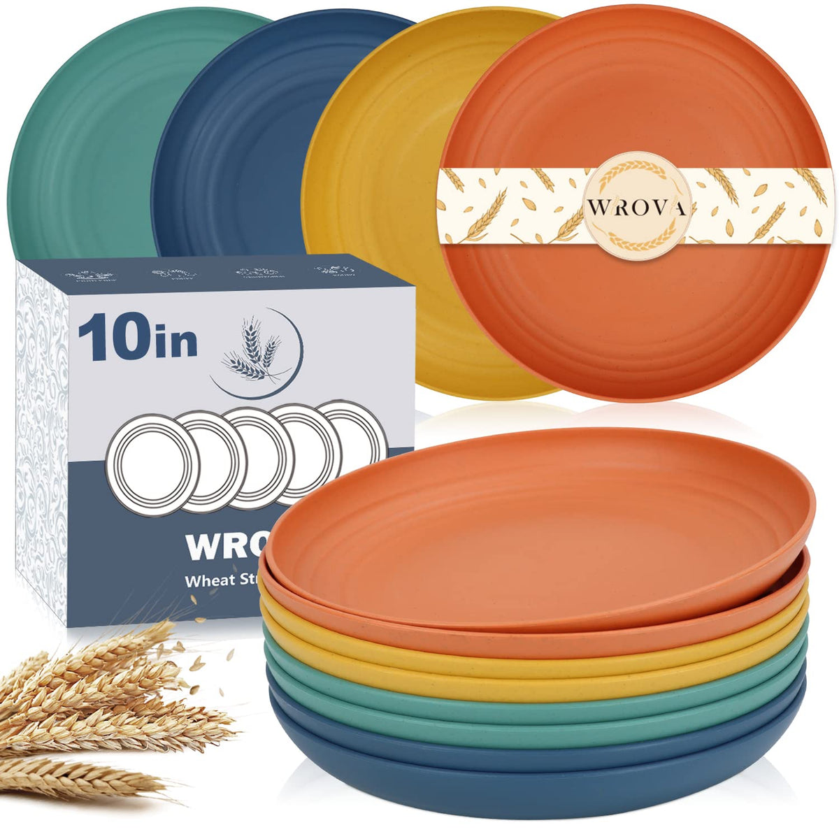 Wrova Large Wheat Straw Dinner Plates - 11 Inch Unbreakable Set of 8 - Dishwasher & Microwave Safe, Deep Edge for Kitchen and Camping (Black)